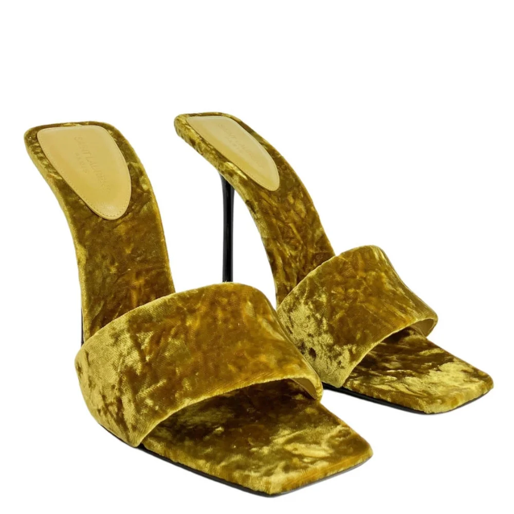 Sz 38(8) NIB $1145 Saint Laurent Elegant Velvet Stiletto Heels in Gold - Picture 3 of 5
